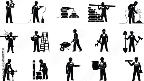 Silhouette of construction workers with various tools and equipment