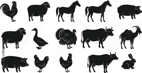 Farm animal silhouette set, livestock collection, cow sheep horse pig chicken turkey goat duck rabbit vector, rural farming animals, black icons, isolated background