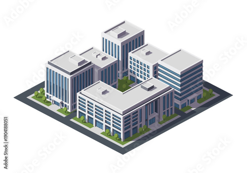 Isometric illustration of a modern city block featuring contemporary office buildings and green spaces, depicting urban business infrastructure and development