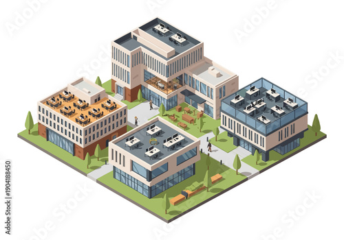 Isometric illustration of modern business campus, offices, green spaces, outdoor workstations, dynamic corporate environment.