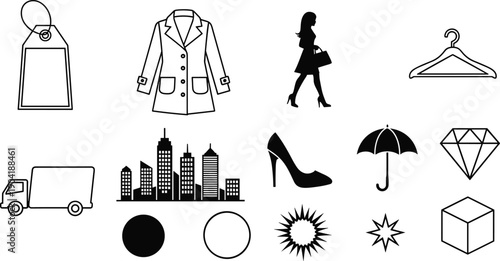 Fashion and business icon set, retail symbols, woman silhouette, city skyline, delivery truck, hanger, umbrella, diamond, vector, black, white, background
