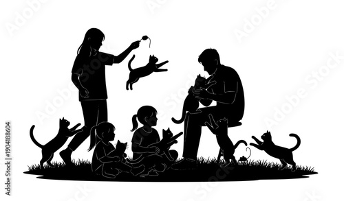 Human and Cat Outdoor Playing Silhouette Vector Illustration