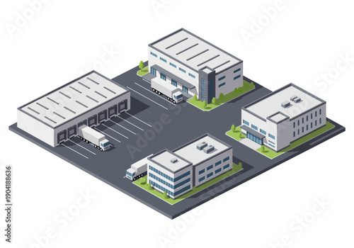 Isometric illustration of a modern industrial complex with warehouses, office buildings, and delivery trucks for logistics and supply chain operations.