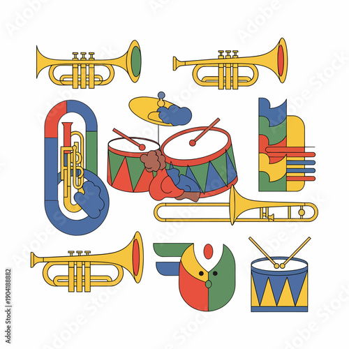 A collection of colorful musical instruments including trumpets, drums, tuba, and trombone in a flat design style.