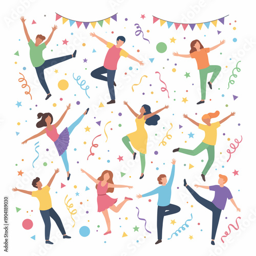 Diverse group of happy people dancing and celebrating with colorful confetti and streamers.