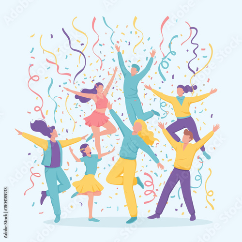 A vibrant illustration of a diverse group of people celebrating joyfully with colorful confetti and streamers falling around them.