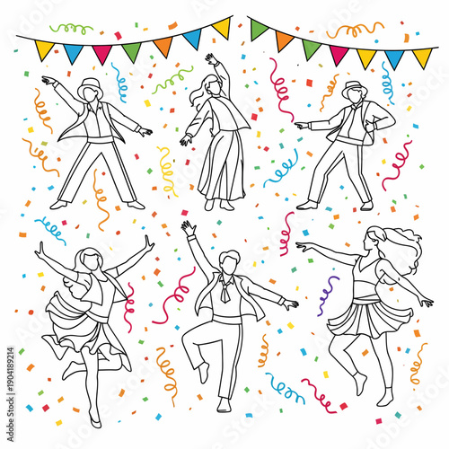 Line art illustration of six people dancing joyfully amidst confetti and streamers with party banners, celebrating a festive event.