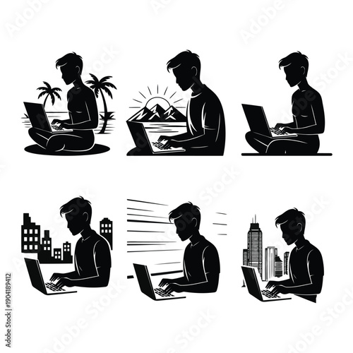 Freelancer Working Remotely with Laptop in Different Locations Silhouette Set
