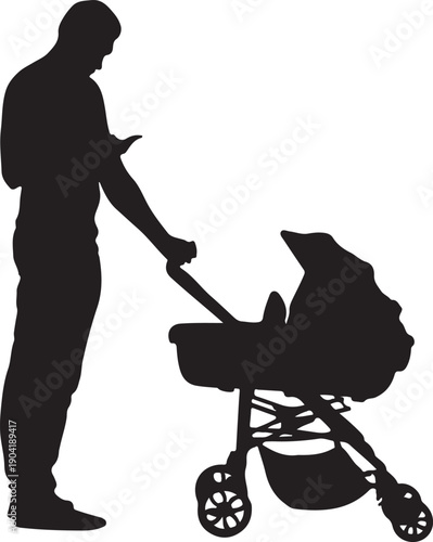 Print Father Pushing Stroller Silhouette, Checking Phone, Casual Outdoor Scene