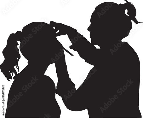 Print Silhouette of a woman applying makeup to a child's face, close up, creative beauty concept