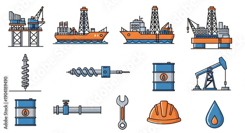 Oil and Gas Industry Equipment Icons Set.
