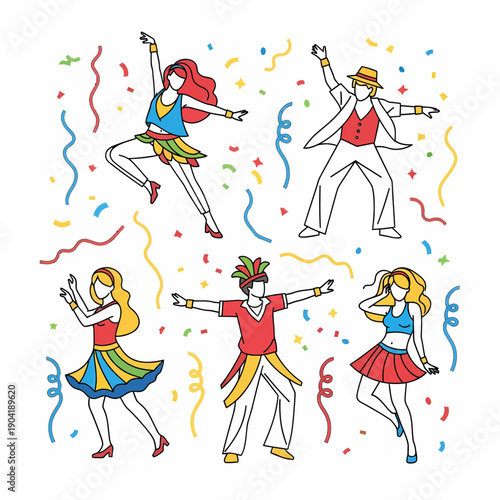 Five diverse people dancing joyfully at a carnival celebration with colorful confetti, depicted in a vibrant line art style.