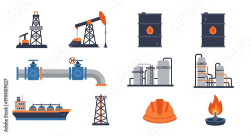 Oil and Gas Industry Equipment Collection Flat Icons.