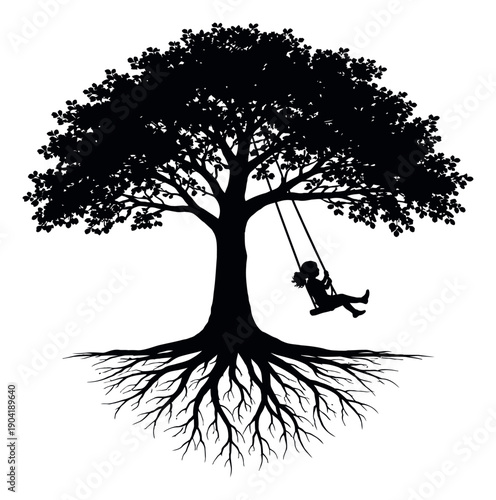 Silhouette illustration of a child swinging on a tree depicting carefree play for childhood and nature