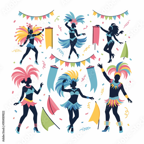 Silhouettes of people in vibrant carnival costumes dancing with festive banners and confetti.