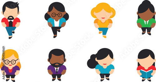 Cartoon character icon set, eight diverse figures with distinct hairstyles clothing accessories and postures, colorful vector illustration, diversity and individuality theme, isolated background