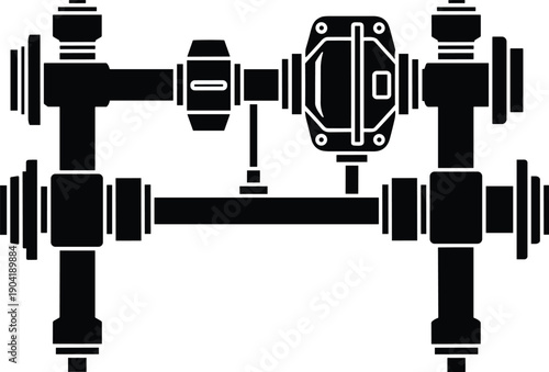 Plumbing system schematic illustration, mechanical piping layout with valve housing connectors and symmetrical pipe segments, black vector diagram, engineering and indus