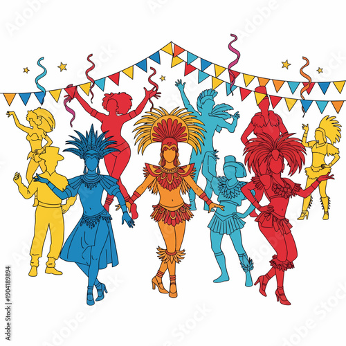 Colorful illustration of people in carnival costumes dancing under festive banners and streamers.