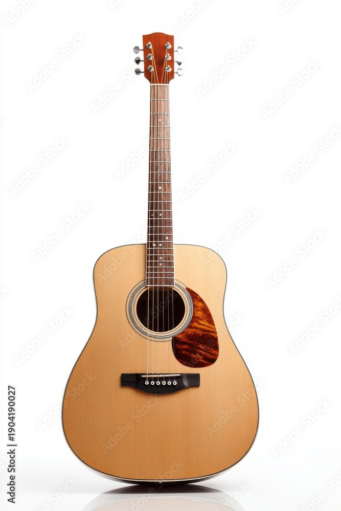 Obraz premium Close-up view of an acoustic guitar on a pure white surface with gentle reflections