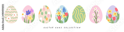 Cute cartoon hand drawn Easter eggs on a white background with different patterns and flowers, purple crocus, yellow daffodils, green grass, tulips, blue hyacinths, daisies, lines, polka dots.