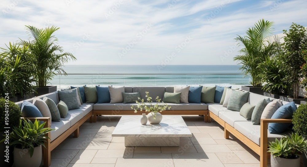Fototapeta premium Outdoor patio with U-shaped modular sofa marble coffee table potted plants and an expansive ocean view under a clear sky
