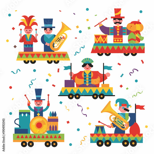Colorful cartoon illustration of a festive parade with people on floats playing musical instruments and confetti.