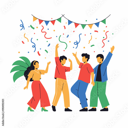 Four diverse people celebrating with confetti and colorful bunting at a lively party or festive event.