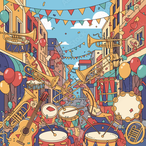 A lively, colorful cartoon illustration of a street carnival or parade filled with various musical instruments, balloons, and festive decorations under a bright sky.
