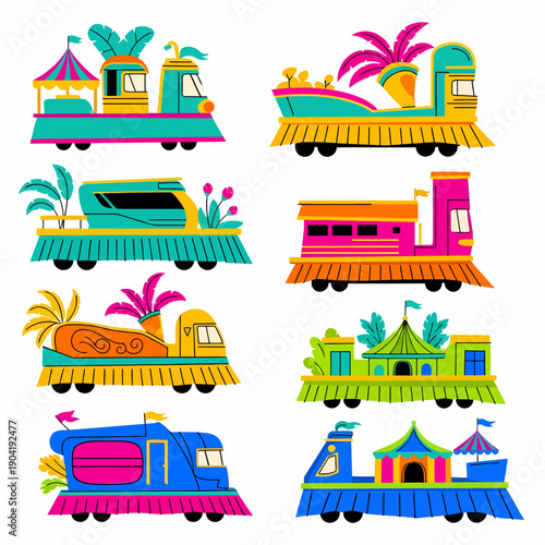 A collection of vibrant and whimsical cartoon train cars or parade floats, each uniquely decorated with festive elements like palm trees, tents, and bright colors, set against a white background.