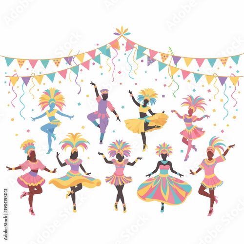 Colorful illustration of diverse women dancing in carnival costumes with festive decorations.