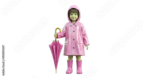 Young child in pink raincoat and boots holding a pink umbrella