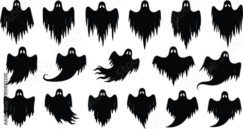 Ghost silhouette set, spooky halloween spirits, scary phantom shapes, horror ghost collection, black vector illustration, creepy monsters, isolated white background
