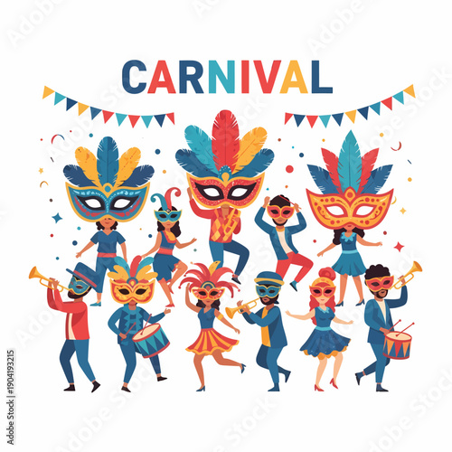 A vibrant illustration of people celebrating carnival with masks, costumes, music, and dancing under colorful banners.