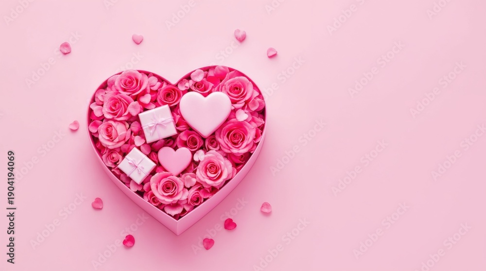 Obraz premium Heart-shaped box overflowing with pink roses and small gift boxes, perfect for romance