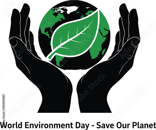 Black hands gently cradle a green earth globe overlaid with a large single leaf symbolizing global ecological protection.