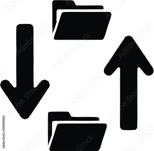 Document synchronization icon featuring folders with upload and download arrows for cloud data exchange and file sharing