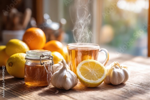 Cozy kitchen scene with citrus fruits, honey and garlic to support immunity during colds