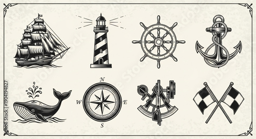 Nautical Themed Illustrations Collection Vintage Style.