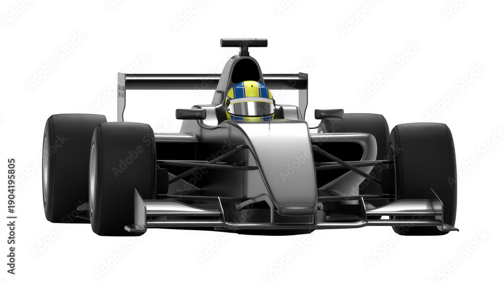 Naklejka premium Front view of silver race car with driver and yellow blue helmet silver car racing vehicle isolated on a transparent background
