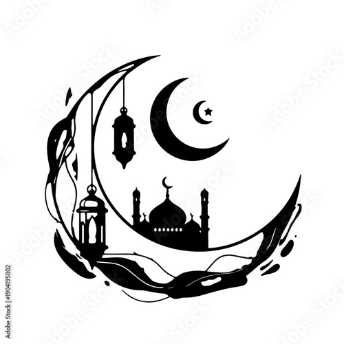 Ramadan Crescent Moon with Mosque and Lanterns Islamic Celebration Religious Event Traditional Culture