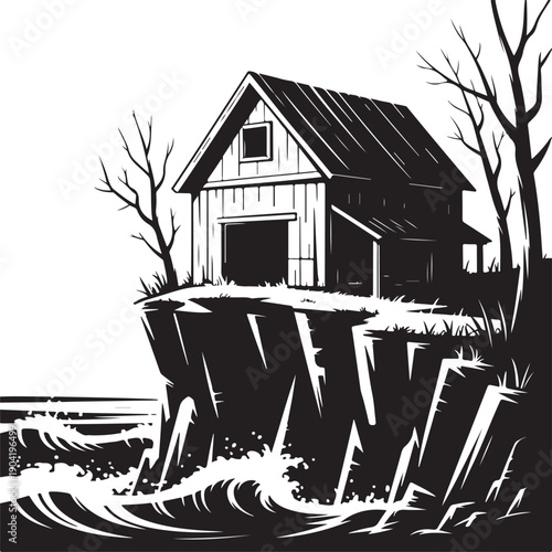 Worn-out wooden barn with eerie shadows in doorway silhouette vector with white background