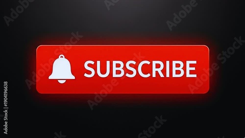 Button subscribe red with bell icon and cursor pointer, glowing effect around it, white text and symbol featuring notification, alert, subscription with call to action and interactive elements for