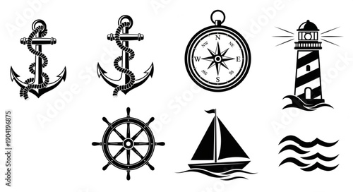 Nautical Symbols Collection Featuring Anchors Compass Lighthouse Ship Wheel Sailboat and Waves.