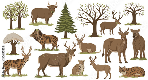 A diverse collection of forest animals and trees in a stylized illustration