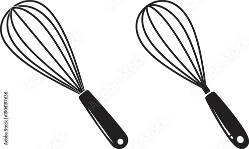 Black silhouettes of two whisks, essential kitchen utensils for baking, cooking, and preparing food.