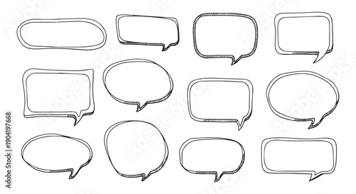 Hand-drawn speech bubbles and thought clouds collection, communication and ideas icons