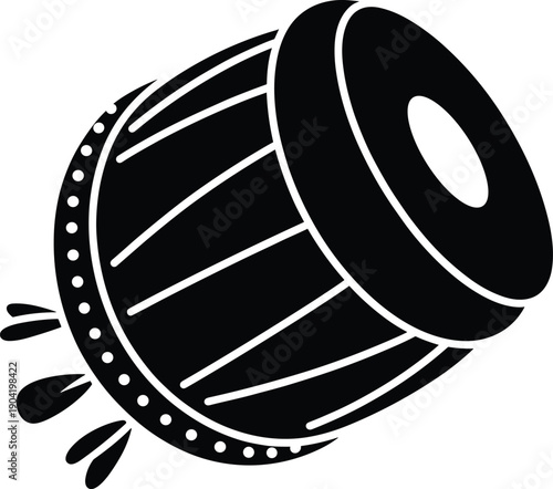 Traditional drum silhouette illustration, musical percussion instrument icon, Indian dhol style, festival music symbol, black vector isolated design