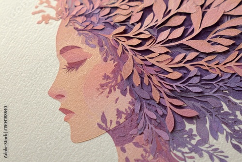 Layered paper construction illustrates a female profile intertwined with botanical shapes