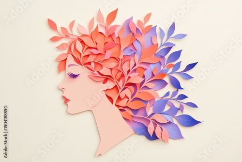 Stylized profile silhouette of a woman with elaborate foliage growing from her hair against a light background