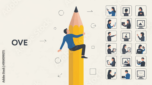 A Creative Professional Climbs a Giant Pencil, Illustrating Progress and Digital Communication Through Various Screens